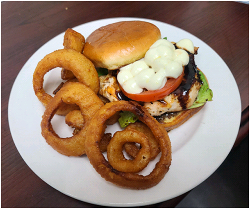 chicken burger with onion rings